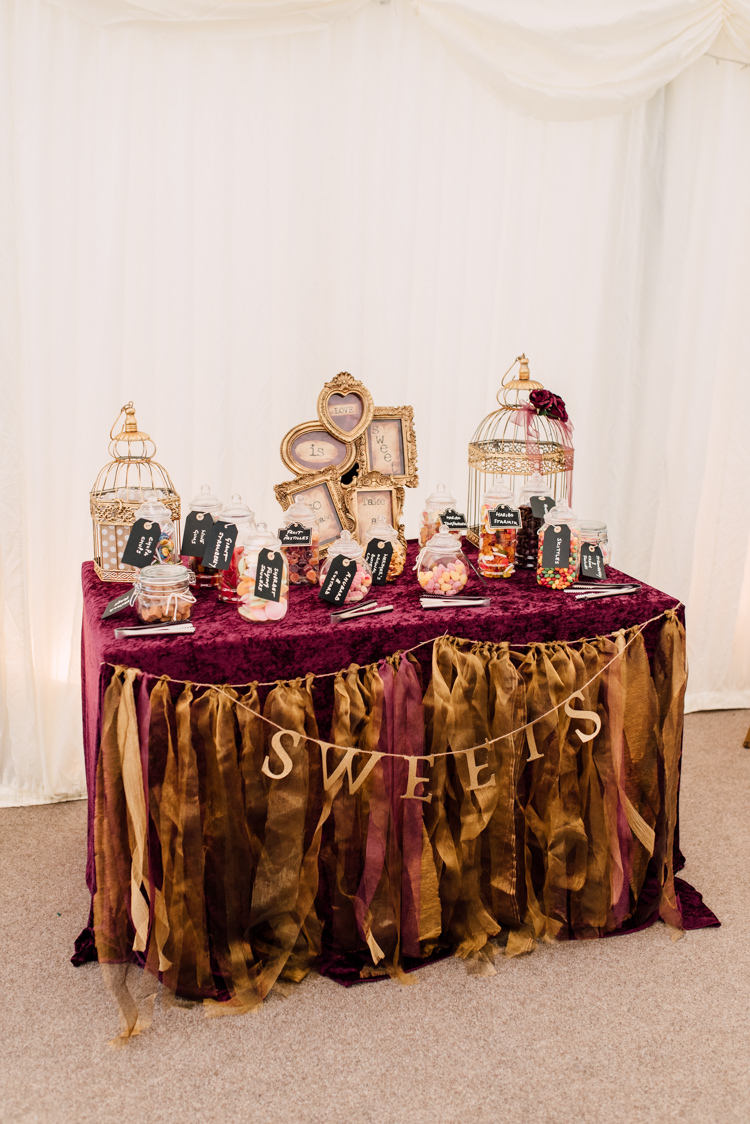 Sweetie Sweets Table Bar Station Fairytale Whimsical Burgundy Gold Wedding http://www.victoriatyrrellphotography.com/