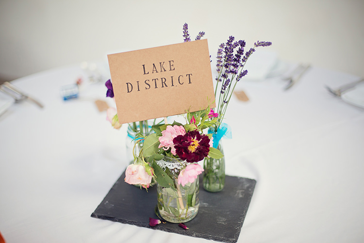 Slate Centrepiece Jar Flowers Home Made Colourful Barn Wedding http://www.tireedawson.co.uk/