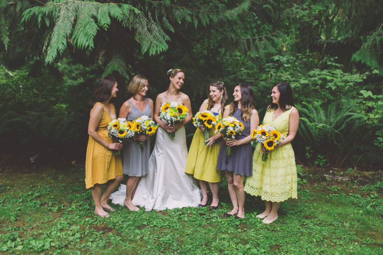 Yellow Grey Mismatched Bridesmaid Dresses Treehouse Forest Wedding Washington http://stacypaulphotography.com/