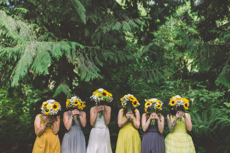 Yellow Grey Mismatched Bridesmaid Dresses Treehouse Forest Wedding Washington http://stacypaulphotography.com/