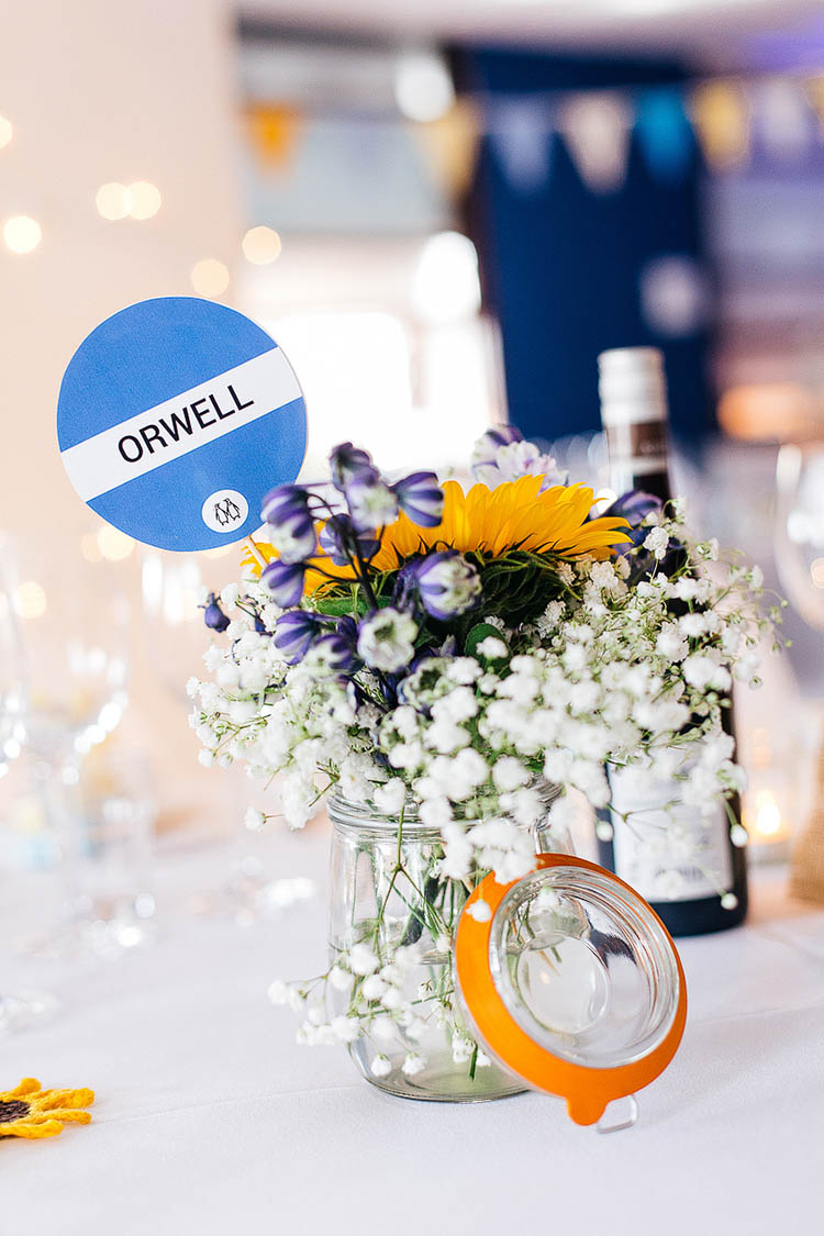 Jar Flowers Gypsophila Sunflowers Table Name Crafty Book Art Gallery Wedding http://www.pauljosephphotography.co.uk/