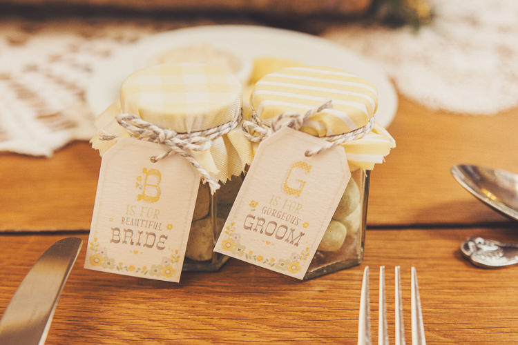 Sweet Jar Favours Luggage Tags Twine Quirky Relaxed Yellow Country Wedding http://www.mr-and-mrs-wedding-photography.co.uk/