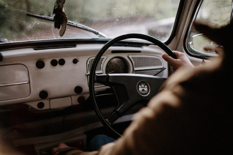 Forest Field Vintage VW Beetle Engagement http://www.beneathepines.com/