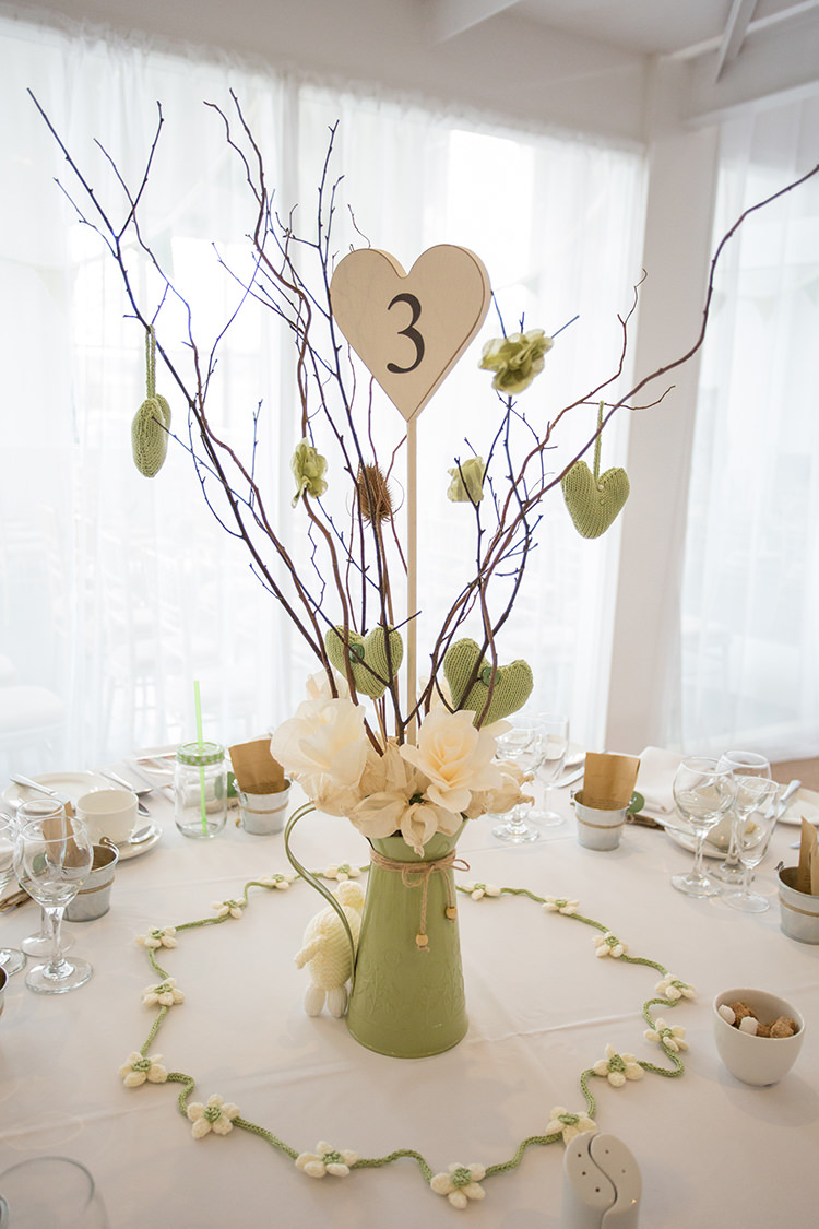 Jug Centrepiece Paper Flowers Twigs Sage Green & Cream Homemade Knitted Wedding http://www.lucyrosephotography.com/