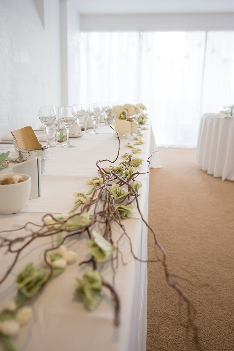 Twigs Paper Flowers Top Table Arrangement Sage Green & Cream Homemade Knitted Wedding http://www.lucyrosephotography.com/