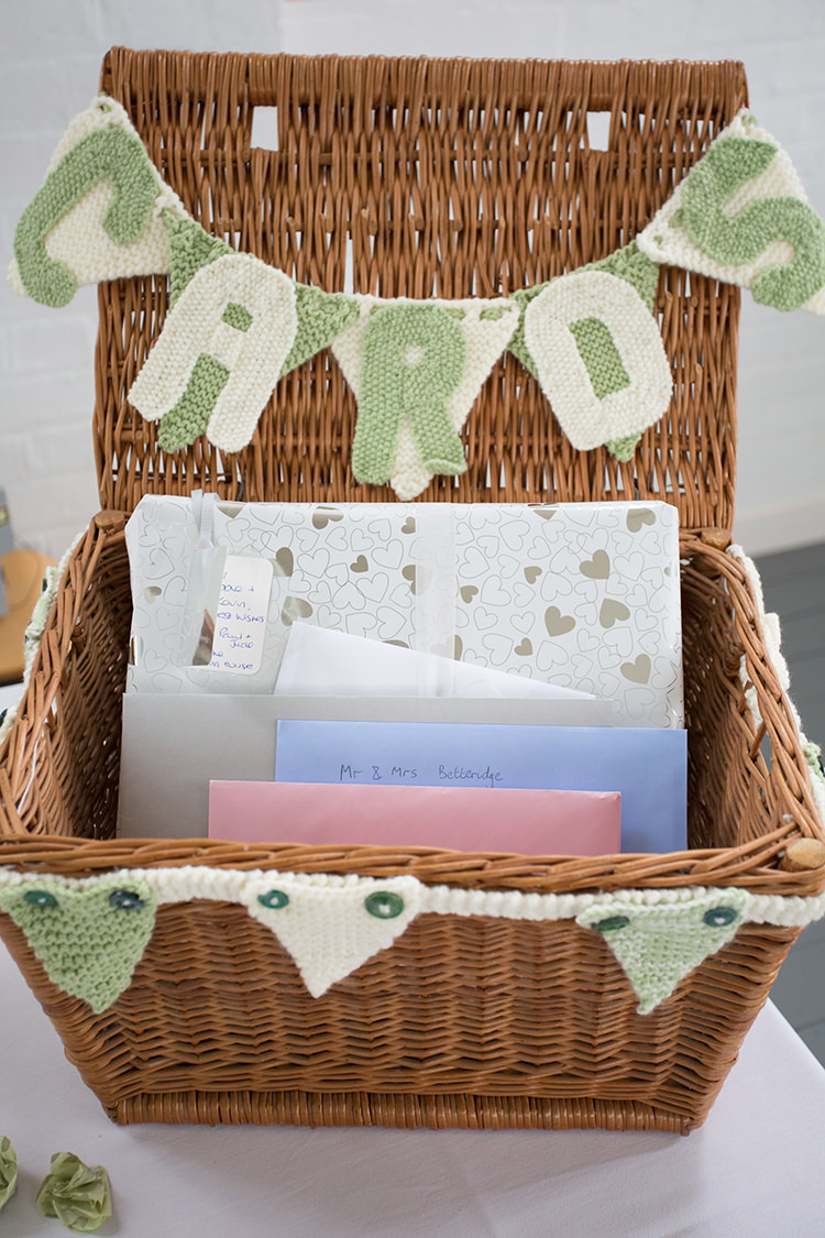 Card Basket Hamper Bunting Sage Green & Cream Homemade Knitted Wedding http://www.lucyrosephotography.com/