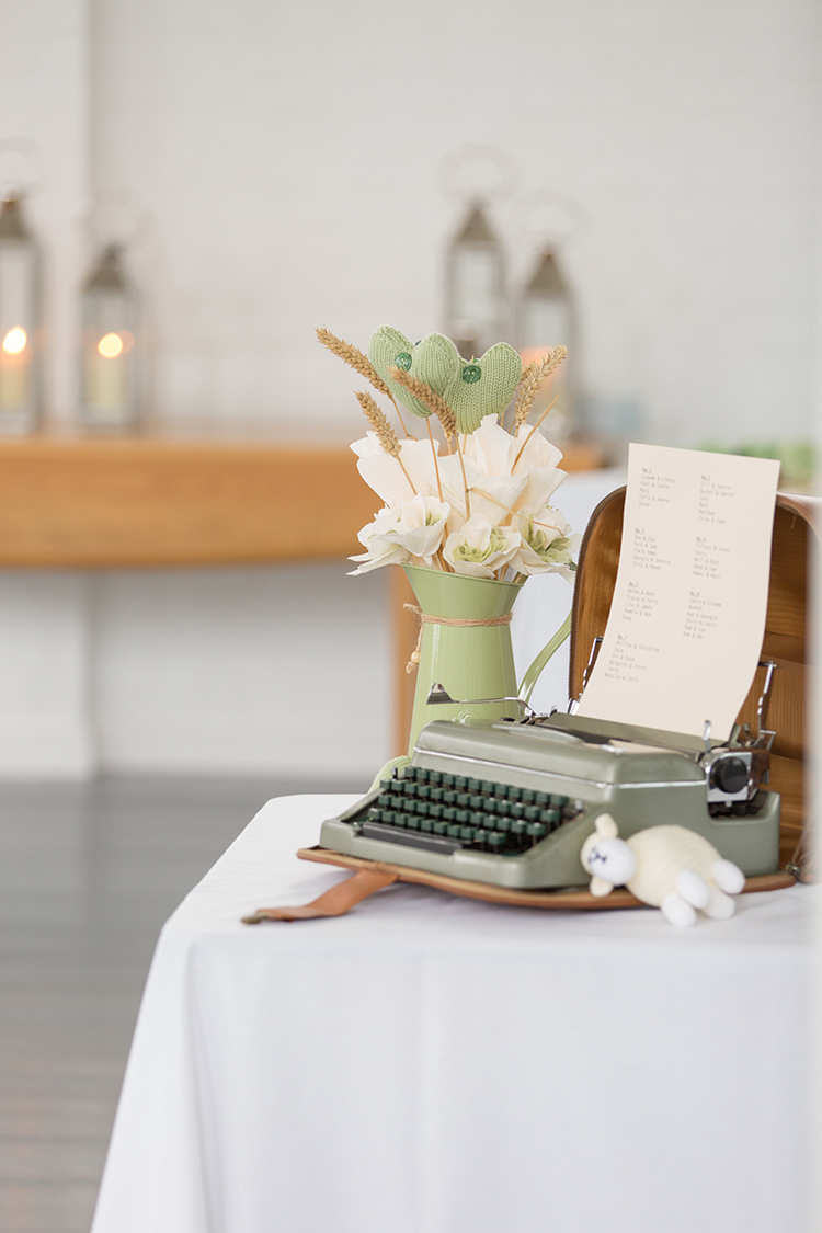 Typewriter Table Sage Green & Cream Homemade Knitted Wedding http://www.lucyrosephotography.com/