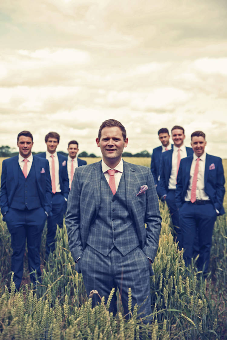 Grey Check Suit Groom Pink Tie Classic Elegant Village Hall Wedding http://www.jessicaraphaelphotography.com/