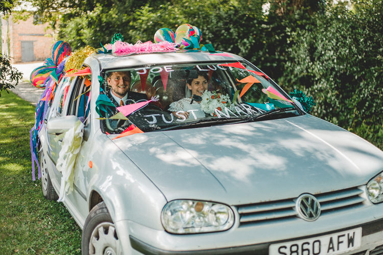 Just Married Decorated Car Bride Groom Country Crafty Colourful Weekend Party Wedding http://www.noeldeasington.com/