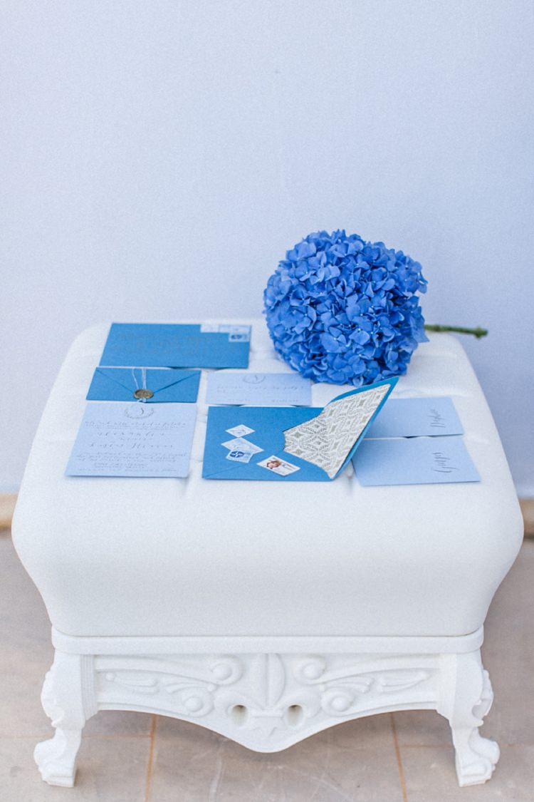 Stationery Invitations Paper Goods Wedding Bohemian Blue White Santorini Engagement http://www.robertafacchini.com/