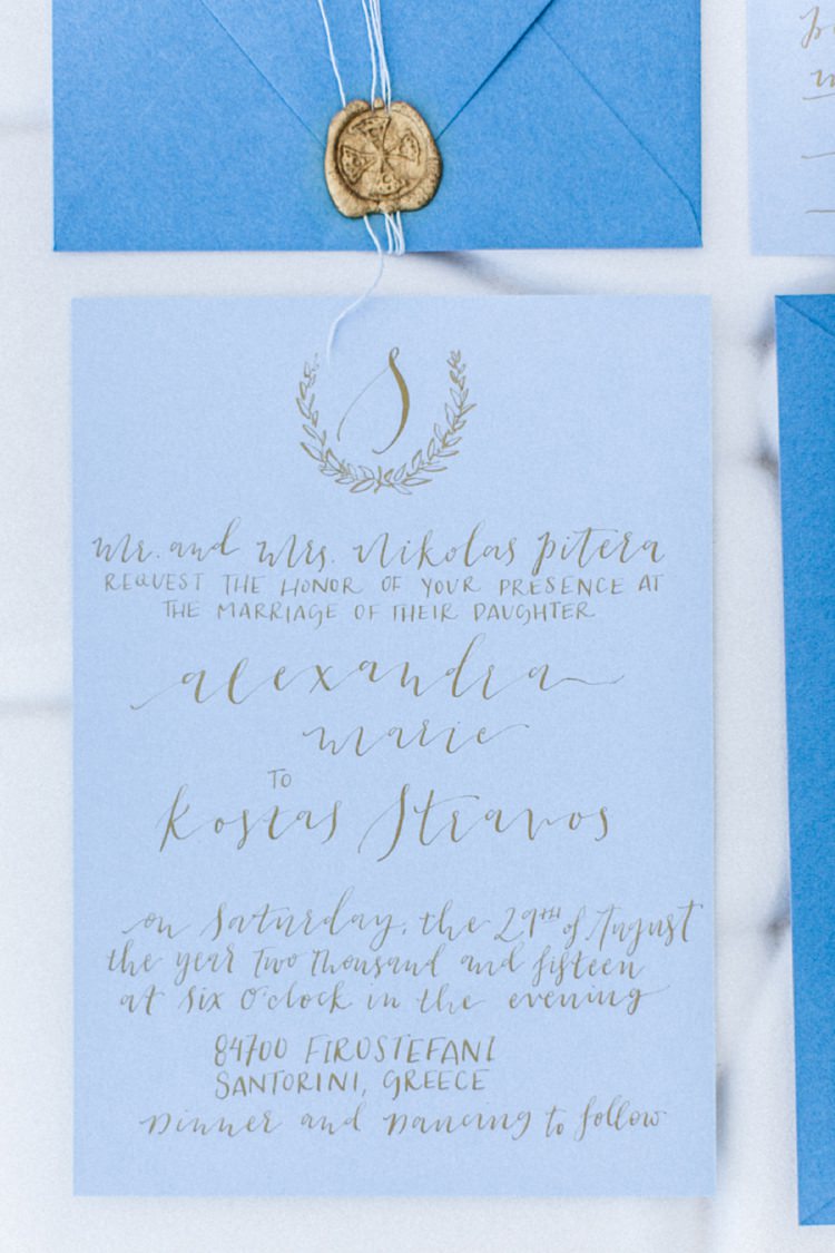Stationery Invitations Paper Goods Wedding Calligraphy Bohemian Blue White Santorini Engagement http://www.robertafacchini.com/