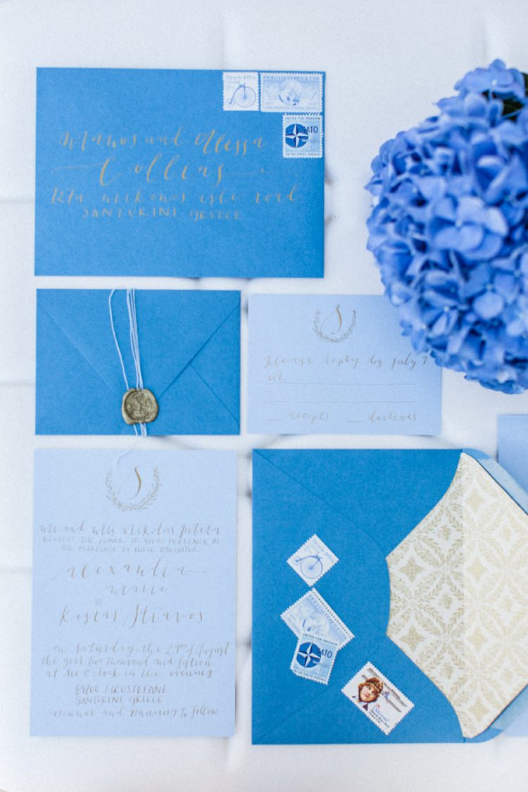 Stationery Invitations Paper Goods Wedding Calligraphy Stamps Bohemian Blue White Santorini Engagement http://www.robertafacchini.com/