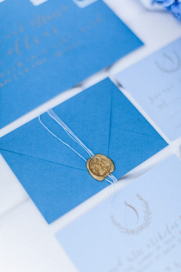 Stationery Invitations Paper Goods Wedding Calligraphy Gold Wax Seal Bohemian Blue White Santorini Engagement http://www.robertafacchini.com/