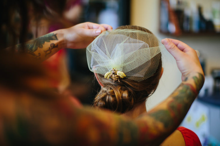 Bee Birdcage Veil Bride Bridal Alternative Colourful Theatre Wedding http://www.alexbeephoto.com/