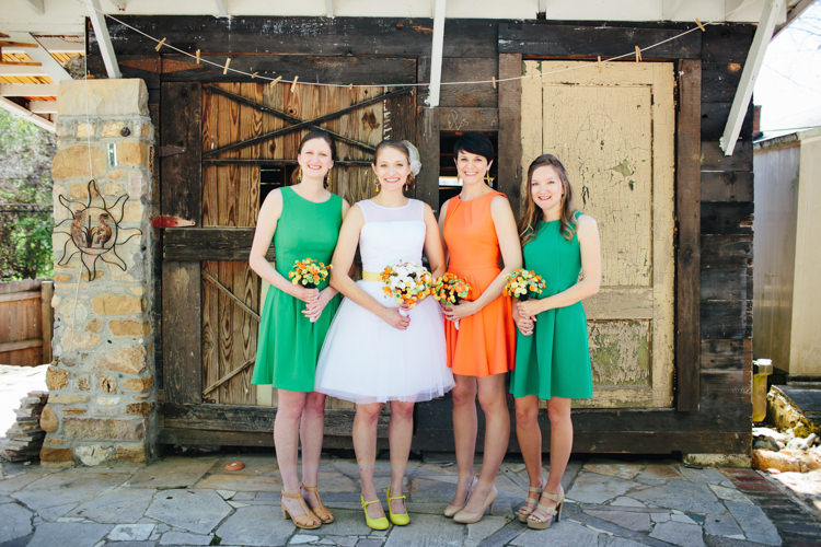 Green Orange Bridesmaid Dresses Alternative Colourful Theatre Wedding http://www.alexbeephoto.com/