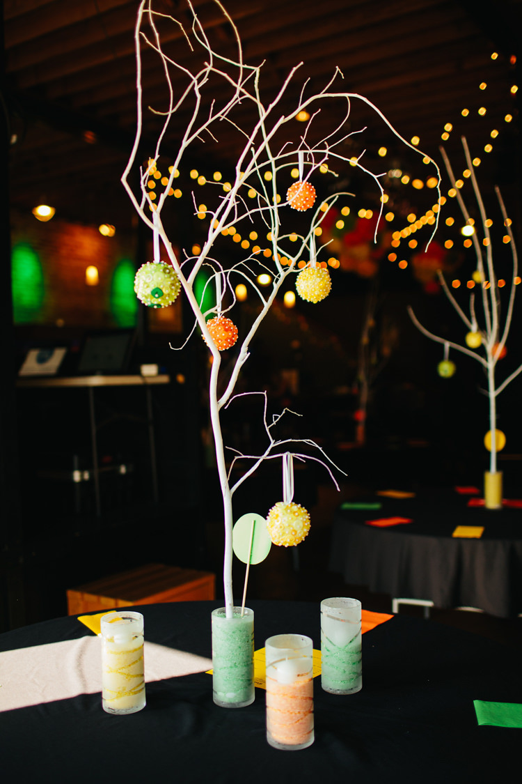 Branch Centrepiece Alternative Colourful Theatre Wedding http://www.alexbeephoto.com/