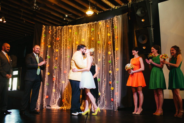 Pom Pom Fairylight Backdrop Alternative Colourful Theatre Wedding http://www.alexbeephoto.com/