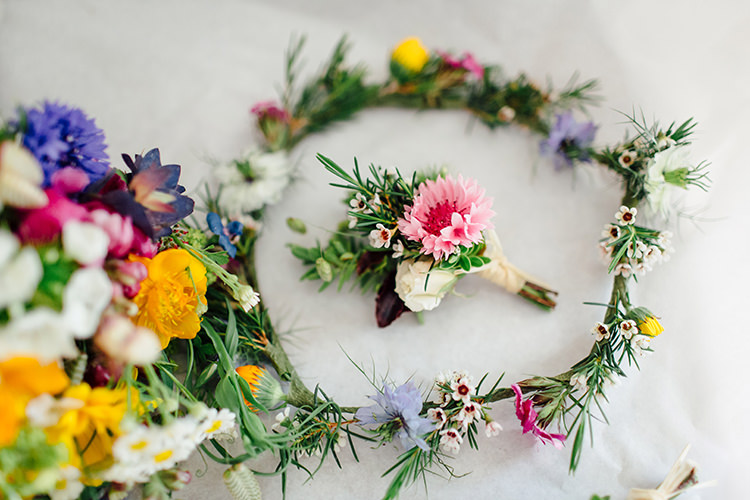 Flower Crown Buttonhole Colourful Woodland Farm Camping Weekend Wedding http://www.frecklephotography.co.uk/