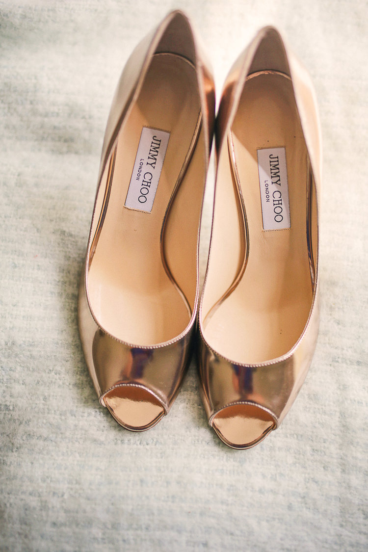Rose Gold Shoes Bride Bridal Jimmy Choo Stylish Pastel Rustic Barn Wedding http://helenrussellphotography.co.uk/