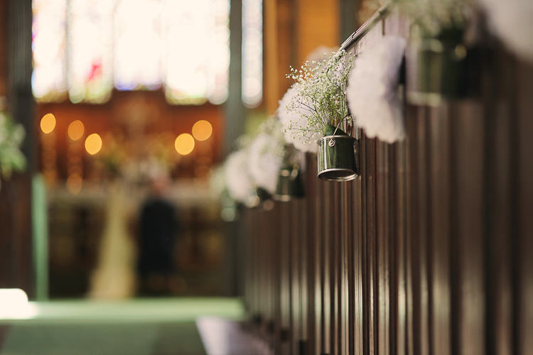 Bucket Pew End Flowers Stylish Pastel Rustic Barn Wedding http://helenrussellphotography.co.uk/