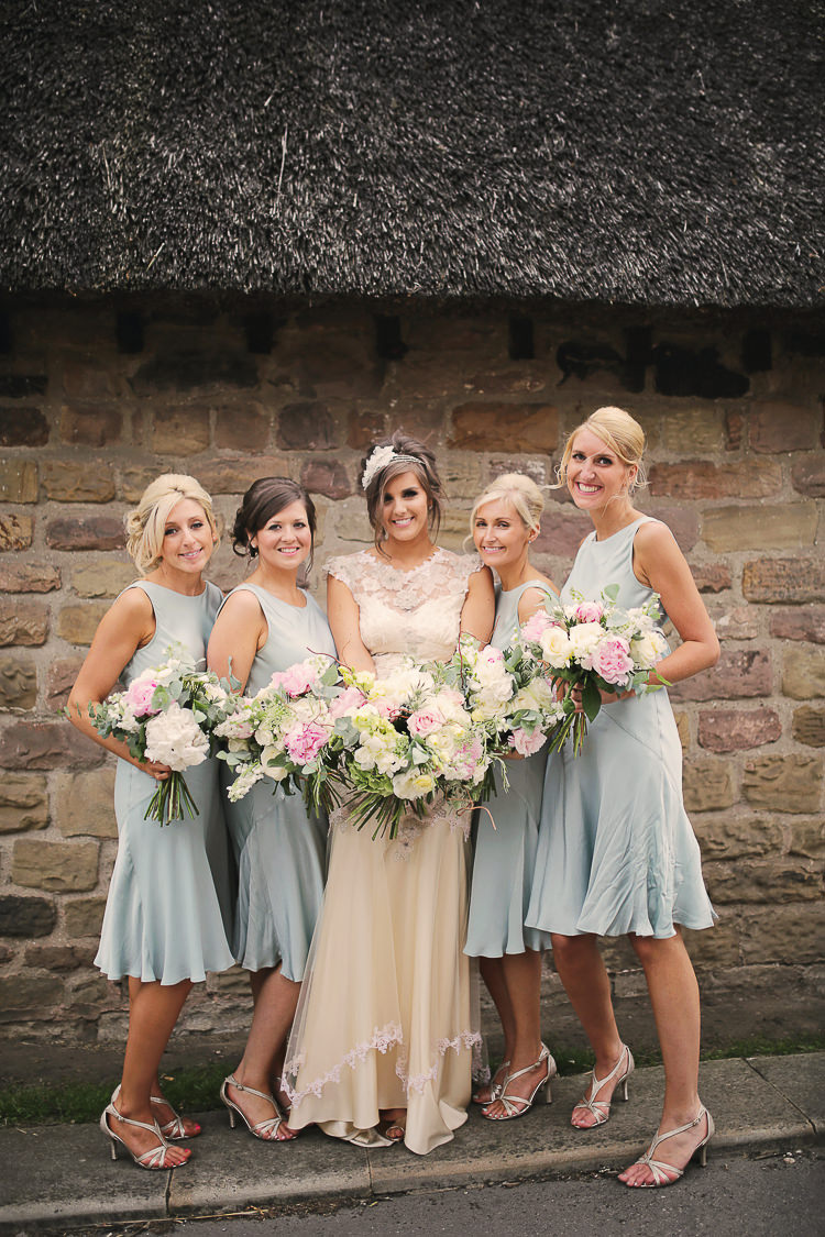 Short Green Bridesmaid Dresses Pink Bouquets Flowers Stylish Pastel Rustic Barn Wedding http://helenrussellphotography.co.uk/ 