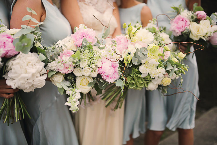 Pink White Bridesmaid Bouquets Flowers Peonies Stylish Pastel Rustic Barn Wedding http://helenrussellphotography.co.uk/ 