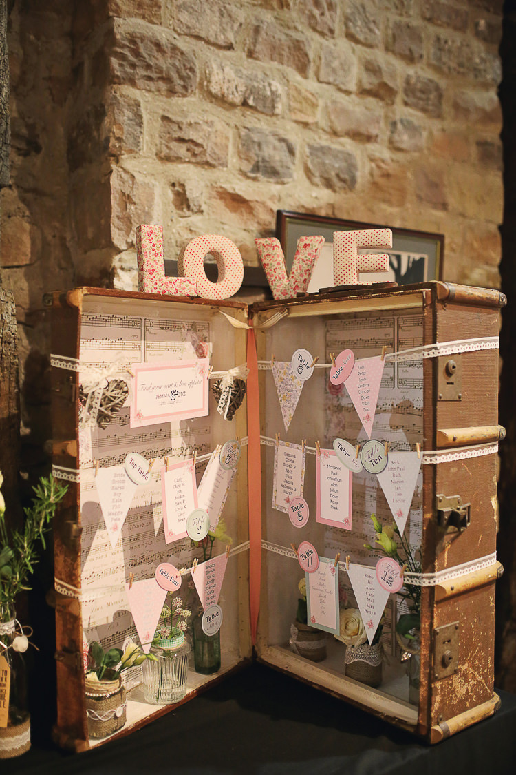 Suitcase Table Plan Seating Chart Stylish Pastel Rustic Barn Wedding http://helenrussellphotography.co.uk/ 