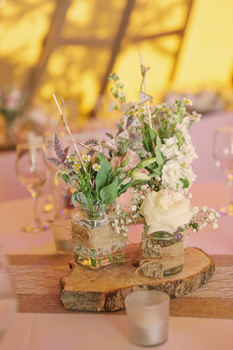 Log Bunting Flowers Jars Hessian Twine Centrepiece Rustic Laid Back Tipi Wedding http://helenrussellphotography.co.uk/