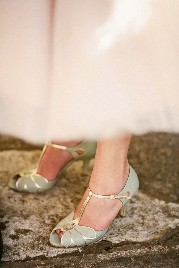 Green Shoes Bride Bridal Mint Gold Peep Toe T Bar Rachel Simpson Rustic Laid Back Tipi Wedding http://helenrussellphotography.co.uk/