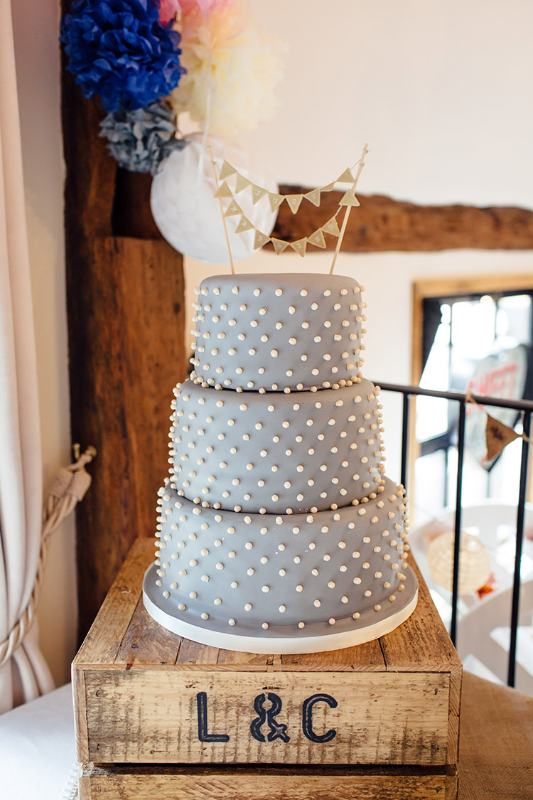 Polka Dot Cake Grey White Bunting Crate Home Made Rustic Eclectic Wedding http://www.frecklephotography.co.uk/