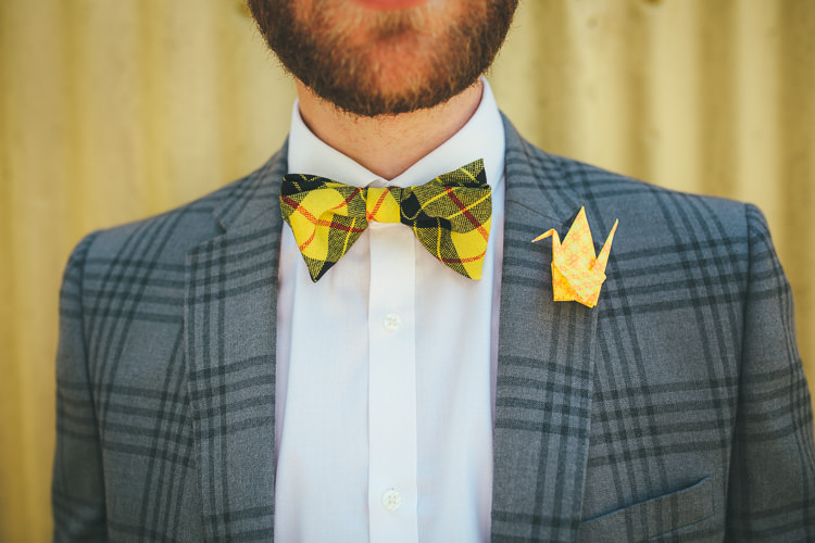 Tartan Bow Tie Groom Paper Crane Buttonhole Local DIY Yellow Barn Wedding http://www.brettsymesphotography.co.uk/
