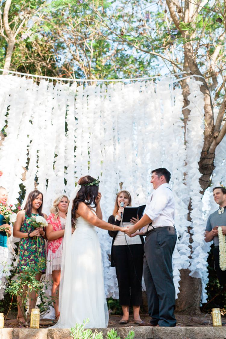 Wedding Ceremony Backdrops Doilies Paper Orgami http://www.pinesphotography.com/