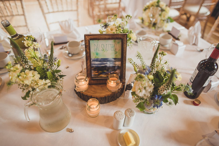 Place Name Tables Log Frame Cornflower Blue Jade Green Scottish Wedding http://www.mattpenberthy.com/