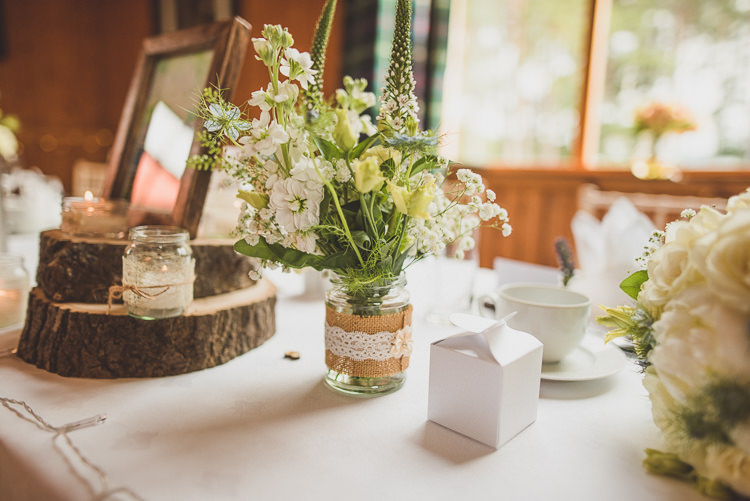 Hessian Lace Jar Flowers Cornflower Blue Jade Green Scottish Wedding http://www.mattpenberthy.com/