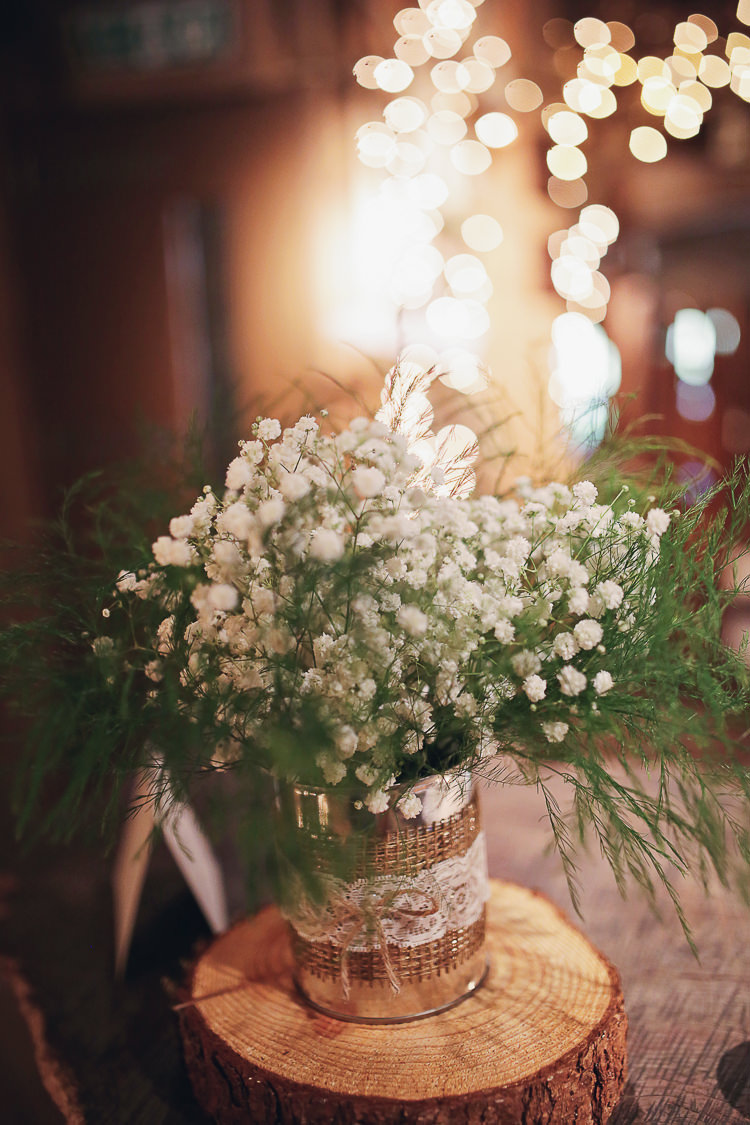 Gypsophila Jars Hessian Lace Twine Flowers Log Centrepiece Rustic Treehouse Wedding http://helenrussellphotography.co.uk/