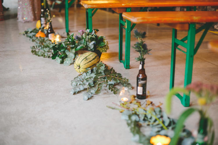 Aisle Flowers Vegetables Candles Industrial Indie Autumn City Wedding http://www.elliegracephotography.co.uk/