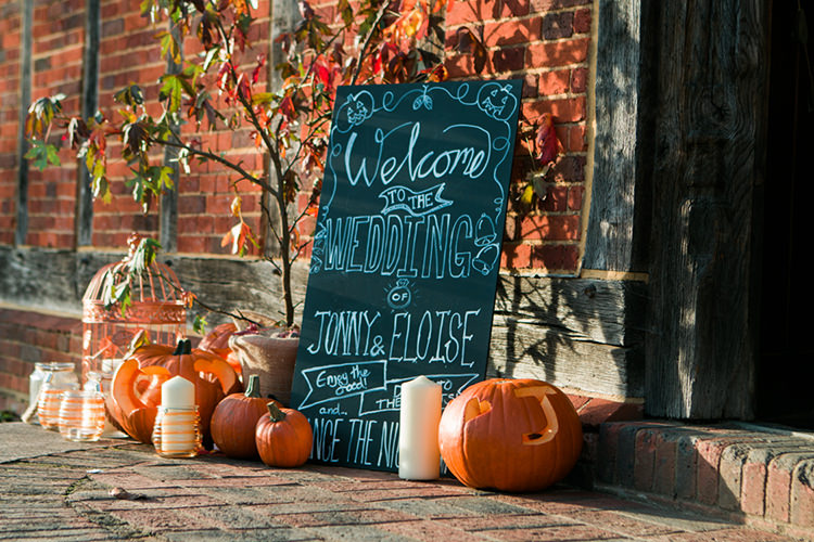 Blackboard Sign Welcome Pumpkins Rustic Autumn Halloween Wedding http://www.samrileyphotography.co.uk/