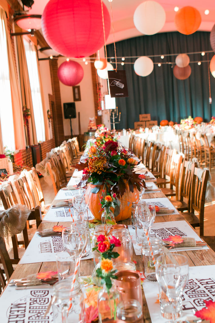 Village Hall Lanterns Festoon Lights Long Tables Rustic Autumn Halloween Wedding http://www.samrileyphotography.co.uk/