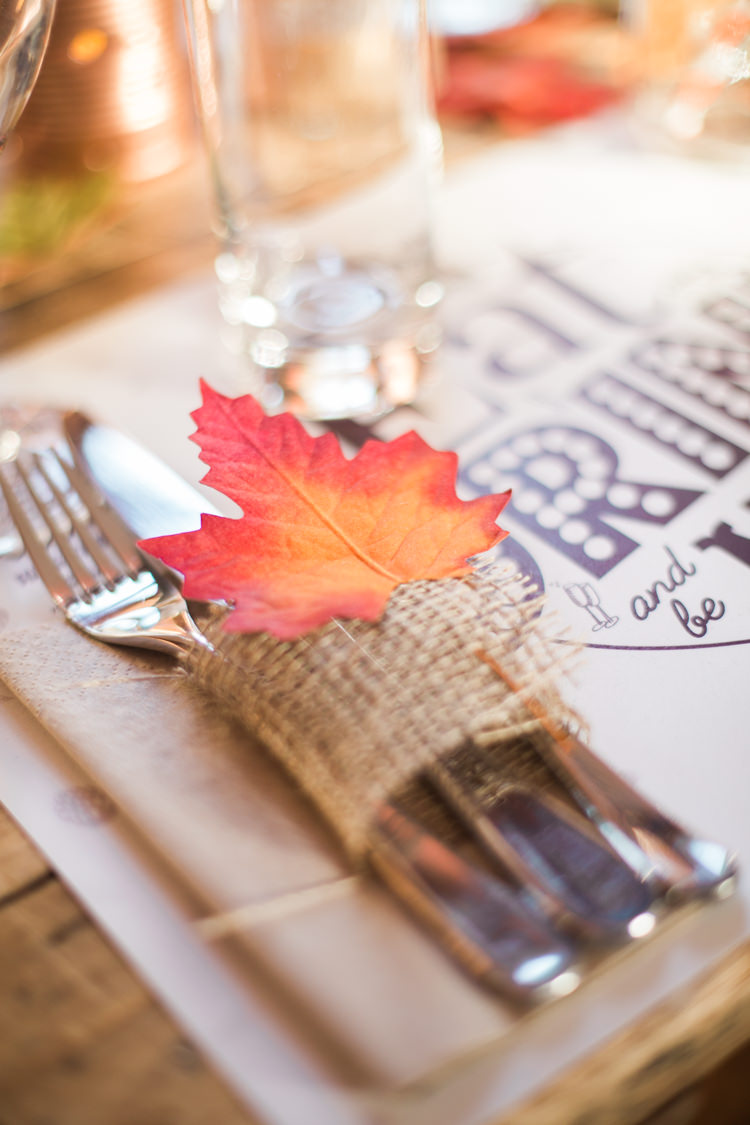 Leaf Hessian Cutlery Place Setting Rustic Autumn Halloween Wedding http://www.samrileyphotography.co.uk/