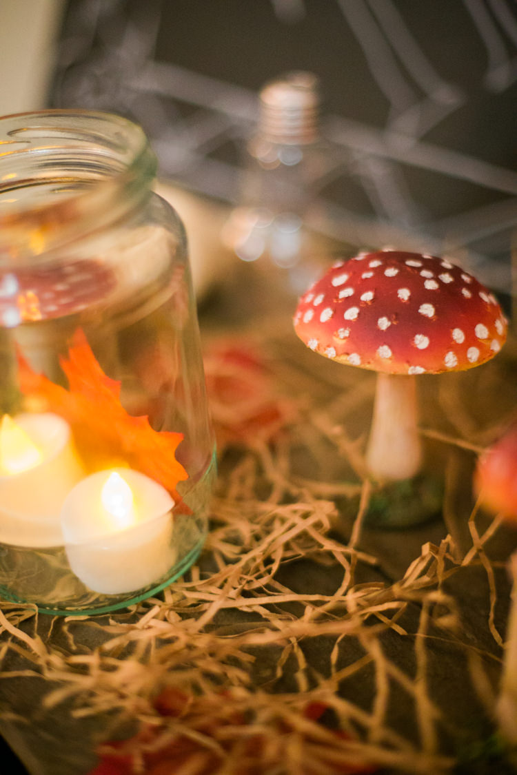 Toadstool Jar Candles Rustic Autumn Halloween Wedding http://www.samrileyphotography.co.uk/