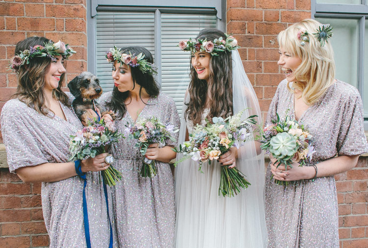Sequin Bridesmaid Dresses Grey Flower Crowns Industrial Indie Autumn City Wedding http://www.elliegracephotography.co.uk/