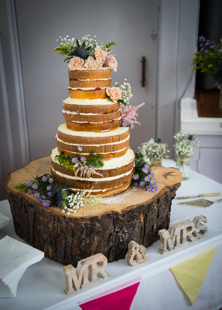 Naked Cake Sponge Log Stand Colourful DIY Village Fete Wedding http://jamesgristphotography.co.uk/blog/
