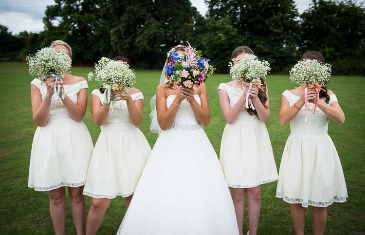 Gypsophila Bouquets Bridesmaids Ribbon Colourful DIY Village Fete Wedding http://jamesgristphotography.co.uk/blog/