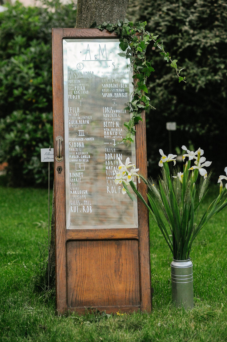 Mirror Table Seaing Plan Chart Door Glass Intimate Italian Rose Garden Wedding http://landvphotography.it/
