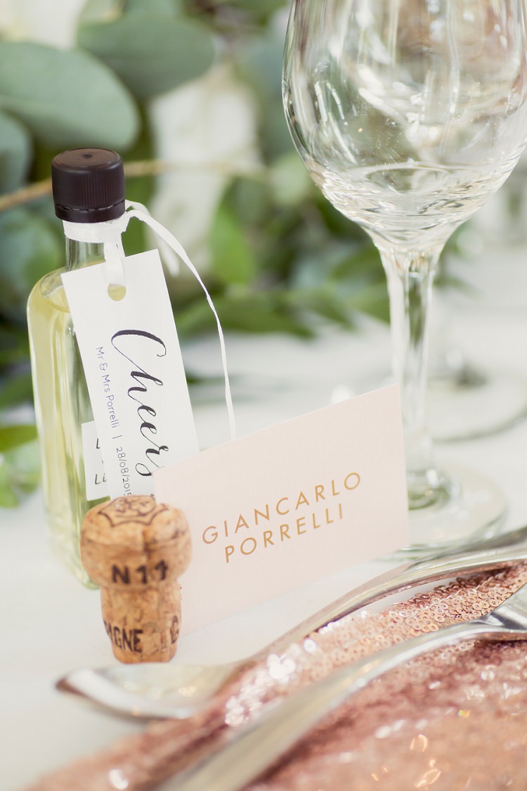 Cork Place Name Card Setting Romantic Metallic Blush Wedding http://www.craigsandersphotography.co.uk/
