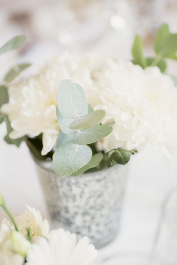 White Bucket Votive Flowers Dahlia Romantic Metallic Blush Wedding http://www.craigsandersphotography.co.uk/