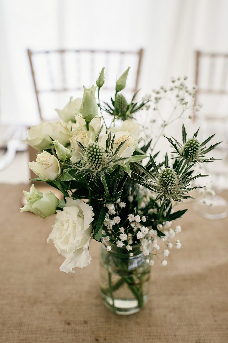 Roses Thistles White Flowers Jar Hessian Scottish Beach Wedding http://www.kat-hill.com/
