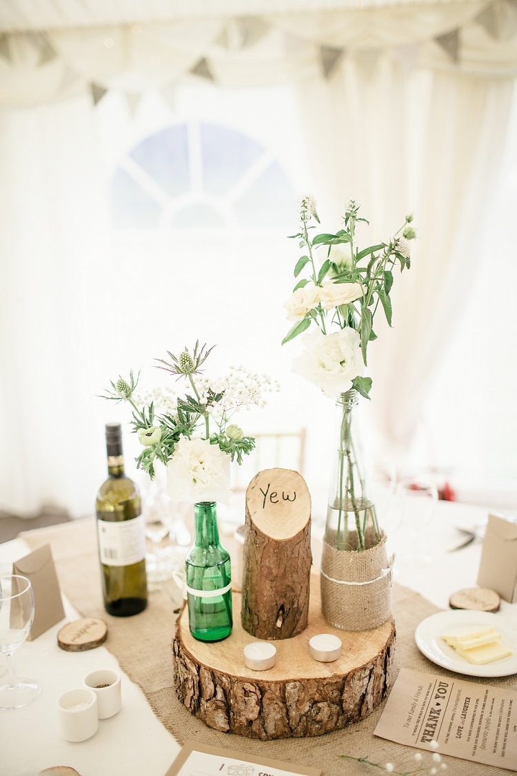 Log Hessian Twine Jar Flowers Centrepiece Scottish Beach Wedding http://www.kat-hill.com/