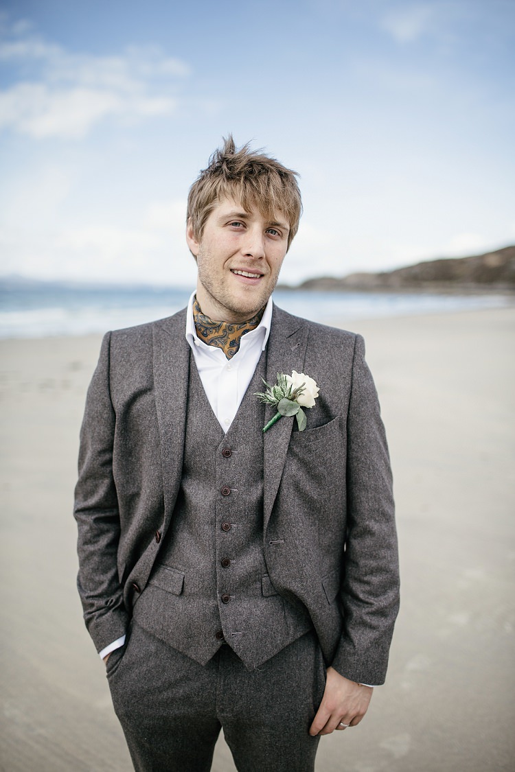 Tweed Groom Next Suit Grey Brown Scottish Beach Wedding http://www.kat-hill.com/