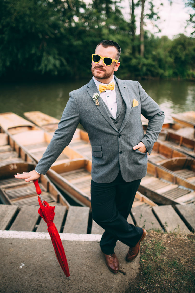 Tweed Chinos Bow Tie Groom Sunglasses Quirky Modern Yellow Grey City Wedding http://jenmarino.com/